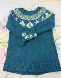 Northcrest Classic Teal Green White Fair Isle Knit Sweater Size L
