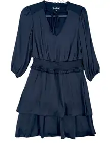 Sam Edelman Dress Womens XS Black‎ 3/4 Sleeve Tiered Ruffle Tie Neck Smock Waist