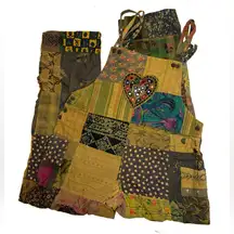 Vintage Patchwork Hippie Heart Strappy Tapered Leg Overalls