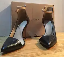 Zara vamp black crocodile ankle strap heels