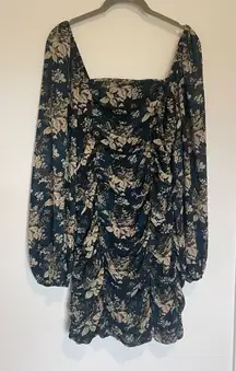 Lush Floral Dress sz Large Dark Green Ruched Square Neck Sheer Sleeve Night Out