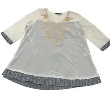 Andree by Unit Shirt Womens Small Tunic Cream Beige Blue Printed Boho