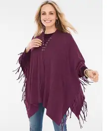 Chicos One Size Lace Up Fringed Poncho In Monrovia Western Tasseled Pullover