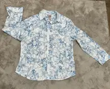Chico’s Women Floral‎ Button-Up Shirt Blue White Sheer Long Sleeve Blouse Size L