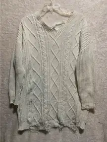 Derek Heart XL Cream Cable Knit Lace Up V Neck Distressed Tunic Sweater