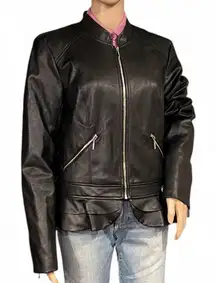 NWOT! Guess Vegan Black Leather Biker Jacket Ruffle Hem Cuff Zippers Fitted