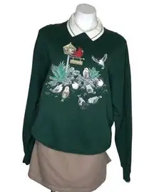 Vintage Grandma Sweatshirt with Collar Dark Green Welcome Birds Pinecone Design