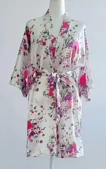 Silky Satin Robe Floral Pattern Kimono Short White Size Small