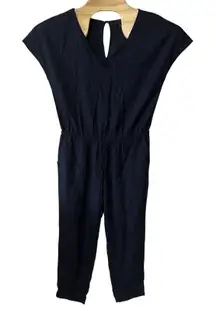 J Crew Relaxed Jumpsuit Vneck Linen Blend Size Small‎ Navy Blue Drawstring