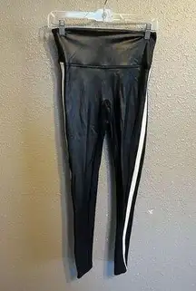 Spanx  Black Faux Leather Leggings With Cream Stripe up The Side Size Medium