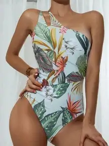 [MakeMeChic] Tropical Floral One Shoulder Asymmetrical One Piece Swimsuit Large