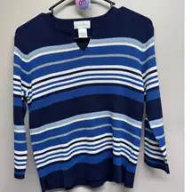 Studio Works Womens Blue White Stripe V Neck Ribbed Sweater Top Size M