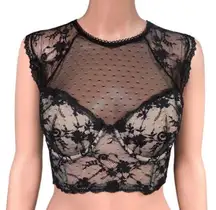 Victoria’s Secret 34DD Black Lace Mesh Lined Demi Cap Sleeve Bra Top Bustier Tan