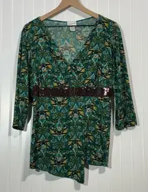 Fashion Bug Plus 18/20 Top Green Baroque Print Sequin Waist Surplice Asym Hem