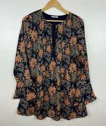 Tularosa Women Audrey Floral Mini Bell Long Sleeve Dress Navy Orange Sz S | Boho