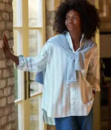 FRANK & EILEEN Shirley Oversized Button Up Shirt in Sage Stripe Size Large