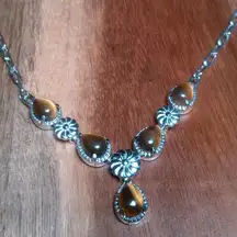 Tiger's Eye Platinum Bond and Stainless Steel Floral Necklace