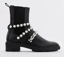 ZARA Pearl Strap Leather Platform Block Heel Lug Sole Chelsea Ankle Boots Black