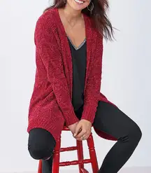 Bright Red Chenille Knit Open Front Cardigan