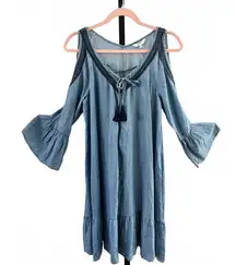 100% Tencil Crown & Ivy Cold Shoulder Dress with Tassels - M