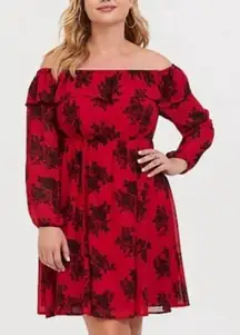 Torrid Red Black Floral‎ Chiffon Off-Shoulder Skater Dress Size Size 1X