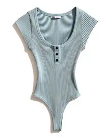 Zara Women Light Blue Ribbed Bodysuit Size M Sleeveless Snap Closure Cottagecore