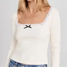 STAUD Paisley Ivory Ribbed Lace Trim Ivory with Bow Square Neck Long Sleeve Top