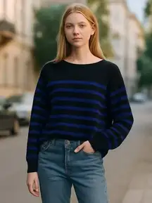 NWT ZARA  Black & Blue BASIC KNIT SWEATER Lightweight Striped Medium