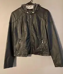 New Look Black Faux Leather Jacket With Hood Size Large