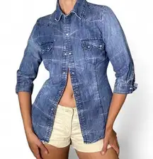 Blue denim button-up shirt with a western vibe and moonstone buttons