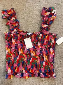 NWT- Sugarlips Red Floral Smocked Front Ruffle Crop Tank L