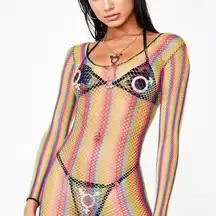Striped rainbow multicolor fishnet dress