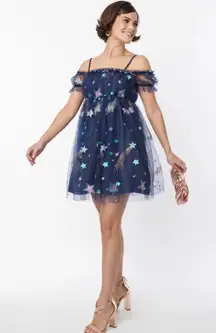 Unique Vintage Navy Glitter Off-The-Shoulder Babydoll Dress