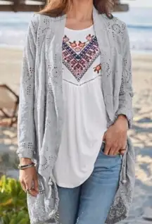 SUNDANCE Moonlight Eyelet  open front Jacket Grey Womens SIZE SMALL crochet boho