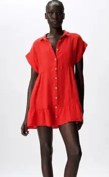 Zara Red 100% Linen Ruffled Mini Dress Size S