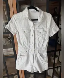 Zara denim playsuit romper button up utility short sleeves white cream collar