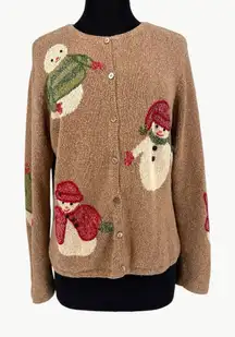 Vintage 90s Talbots Knit Winter Snowman Christmas Cardigan | Sz Large | Tan