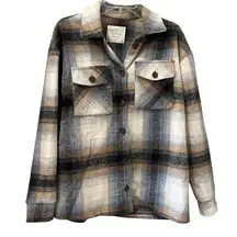 Altar'd State Plaid Oversized Jacket Coat Size XS Blue Taupe Buttons Pockets