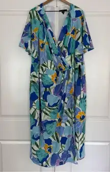 Maggy London Cornflower Faux Wrap Maxi Dress Flutter Sleeve Floral Print V-Neck