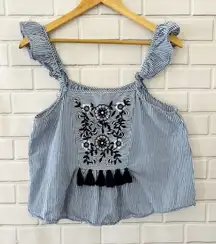 ZARA Blue White Stripe Embroidered Tassel Square Neck Ruffle Strap Tank Top M