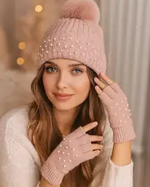 Holiday Time Knit Hat Gloves Set Womens OS Pink Pearl Fur Pom Pom Coquette