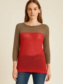 Apt. 9 Red Tan Mesh Knit Sweater Size Small Longline Lightweight Boho Y2K Top