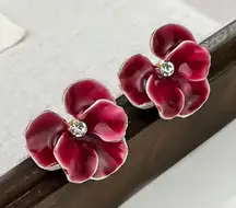 Red Enamel Flower Petal Earrings Vintage Style Statement Studs NWT
