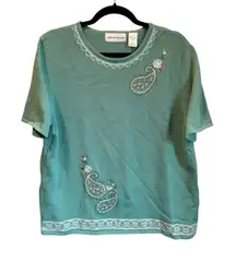 Alfred Dunner Teal Paisley Embroidered Knit Top L Short Sleeve