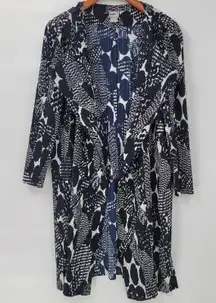 Chicos Travelers Pleated Kimono Womens Med Navy Blue White Long Line Jacket