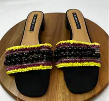 Zara Sandals Womens Black Hand Beaded Fringed Mule Slide Sandals‎ Size 41