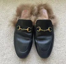 Gucci Princeton Black Fur Mules Slip On Shoes