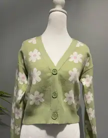 Willow & Wind Cropped Daisy Green Buttoned V-Neck Floral Retro MCM Cardigan S