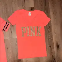 PINK Victoria's Secret Coral Tee with Gold Glitter Logo