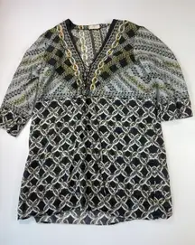 Gotta Chain Print Tunic Top Blouse‎ V Neck 3/4 Sleeve Black White Gray